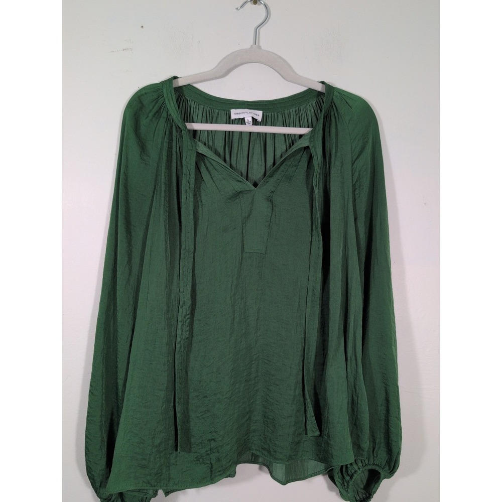 Gibson Latimer Bohemian Hunter Green Peasant Blouse Split Tie Neck Womens Large